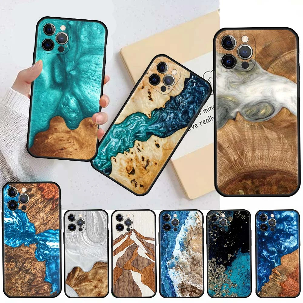 apple iphone 13 pro max case Traveler Protective Wood Resin Art Case For Apple iPhone 13 11 12 Pro 7 XR X XS Max 8 6 6S Plus 5 5S SE 2022 Black Phone Cover 13 pro max case