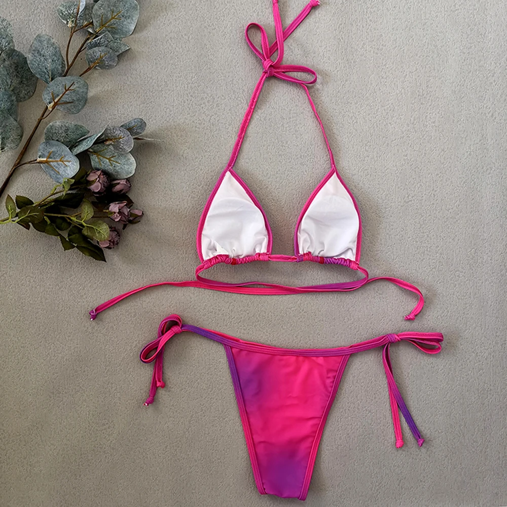 FS Side String Tie Dye Gradient Micro Bikinis Set Thong Bathing Suits 2 Piece Swimsuits Ladies Swimwear Women Halter Lace Up women swimsuit,women two piece sets