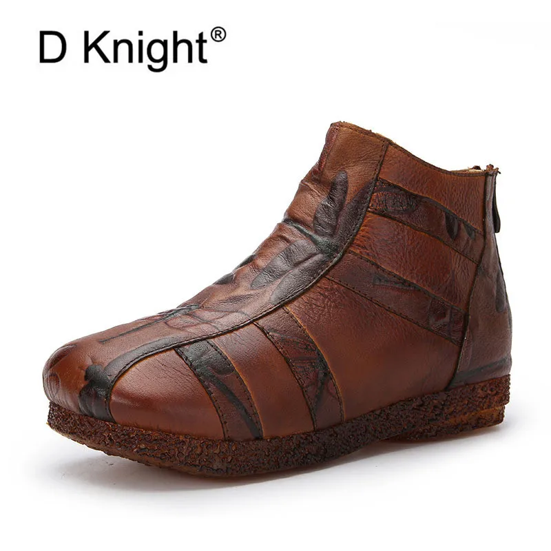 

2019 Autumn Winter New Women Boots Retro Genuine Leather Flat Boot Shoes Women Zipper Comfortable Embossed Ankle Boots For Woman