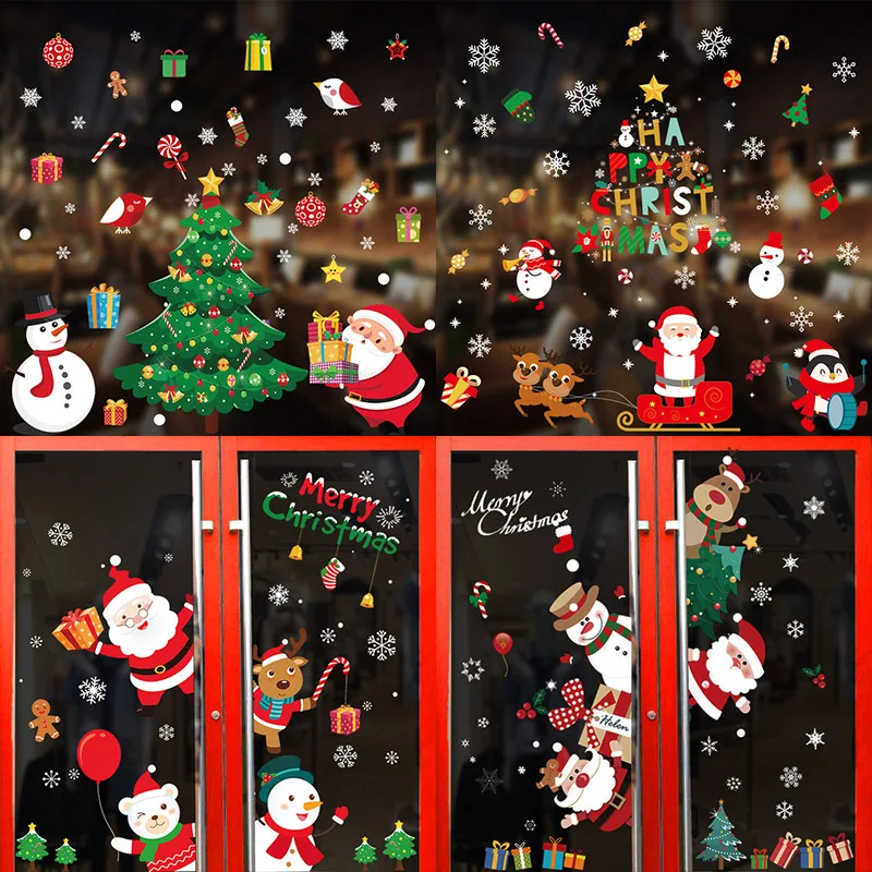Window Stickers Ornaments Merry Frozens Xmas-Tree Wall Deer Santa-Claus New-Year-Decor
