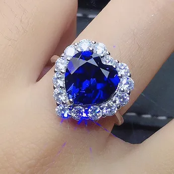 

Classical heart shape blue crystal sapphire gemstones diamonds rings for women white gold silver color jewelry bijoux bague gift