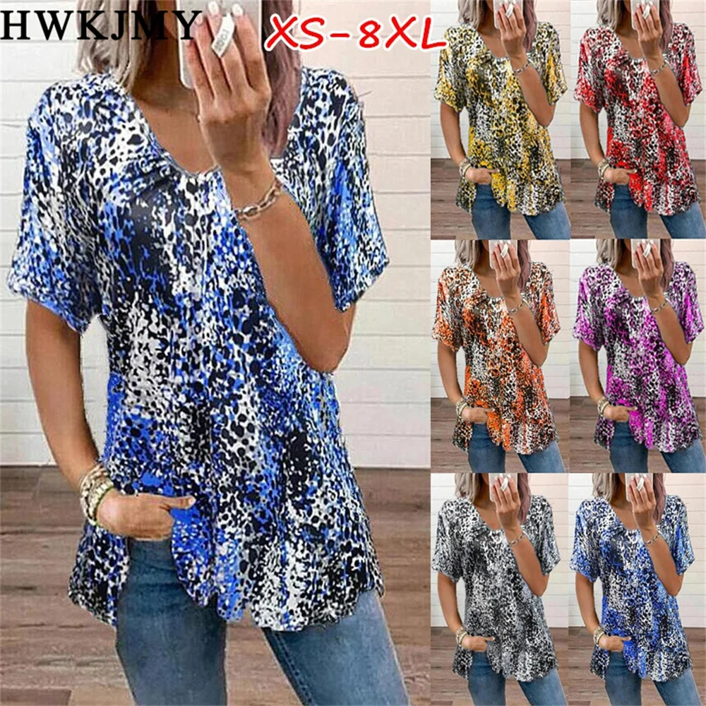 Summer Women's Clothing V-neck Short Sleeve Tops Printed Tees Casual Loose T-shirt Plus Size Zipper Tee XS - 8XL 1