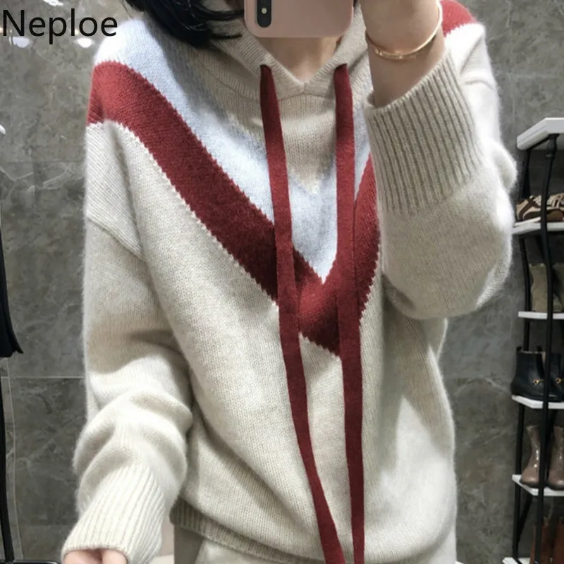 Neoploe новые модные Лоскутные свободные свитера с капюшоном женские повседневные пуловеры больших размеров со шнуровкой простые осенние школьные рубашки 45828