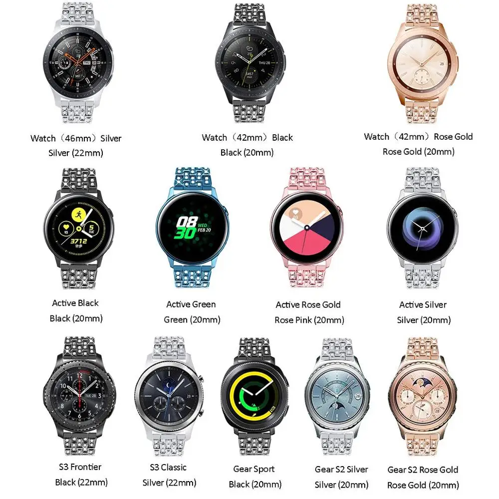 Ювелирный браслет 18/20/22 мм Для Samsung Galaxy Watch 46/42 мм Женщины Мужчины Бриллиантовый ремешок из хрусталя Запасной ремень из нержавеющей стали Для Samsung Gear S3 S2/ AMAZFIT GTR 42 / 47mm Аксессуары для часов