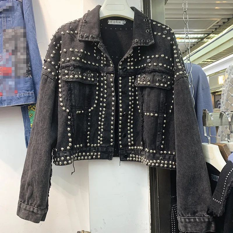 

Autumn Jeans Coats Lady Heavy Industry Rivets Diamond Denim Jacket Female Loose Black Jean Jackets and Coats Women Streetwear