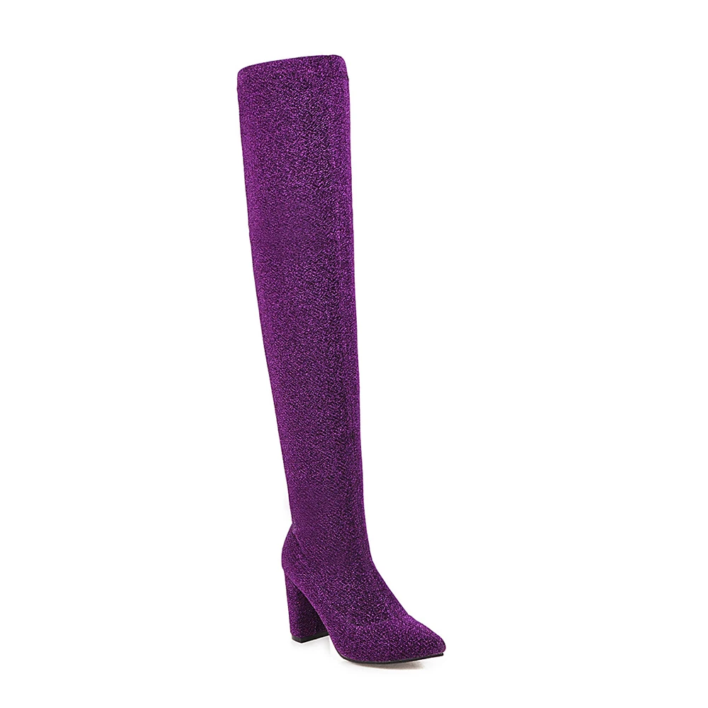 Purple Thick Lining Новинка года; зимние женские ботфорты серебристого и черного цвета; открытые сапоги; модная Офисная Женская обувь на высоком каблуке; большие размеры 11, 43, 45, 48; WH306 - Цвет: Purple Thick Lining