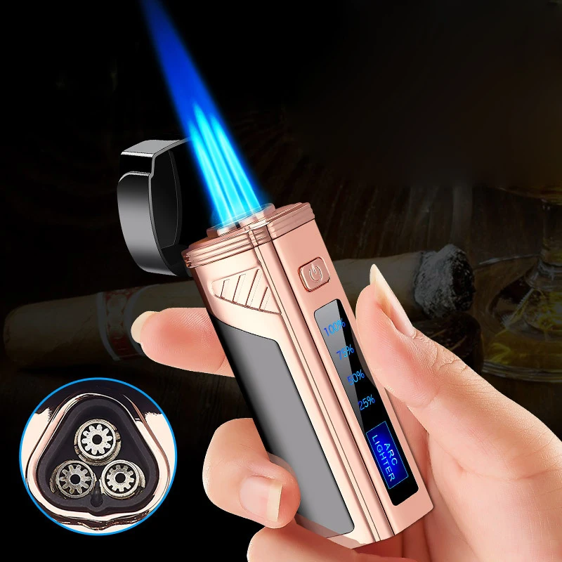 

Portable Metal Induction Three Straight Jet Lighter 1300C LED Display Butane Gas Cigarette And Cigar Lighter Gadgets For Men
