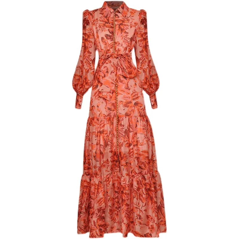 

Dresses For Women 2023 Elegant High Quality Luxury Designer Spring New Lapel Long Sleeve Button Printing Party Long maxi Dress