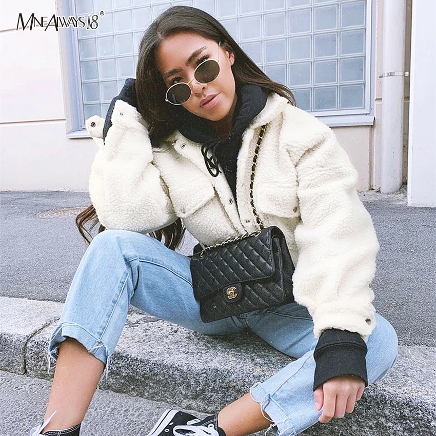 Mnealways18 однобортное пальто для женщин зимнее пальто с отложным воротником теплое белое с длинным рукавом укороченный топ с карманами Повседневная куртка