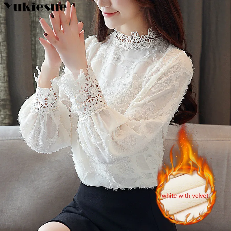 Зимняя Теплая Флисовая толстая белая открытая кружевная шифоновая блузка рубашка с длинным рукавом Женские топы и блузки женская рубашка больших размеров
