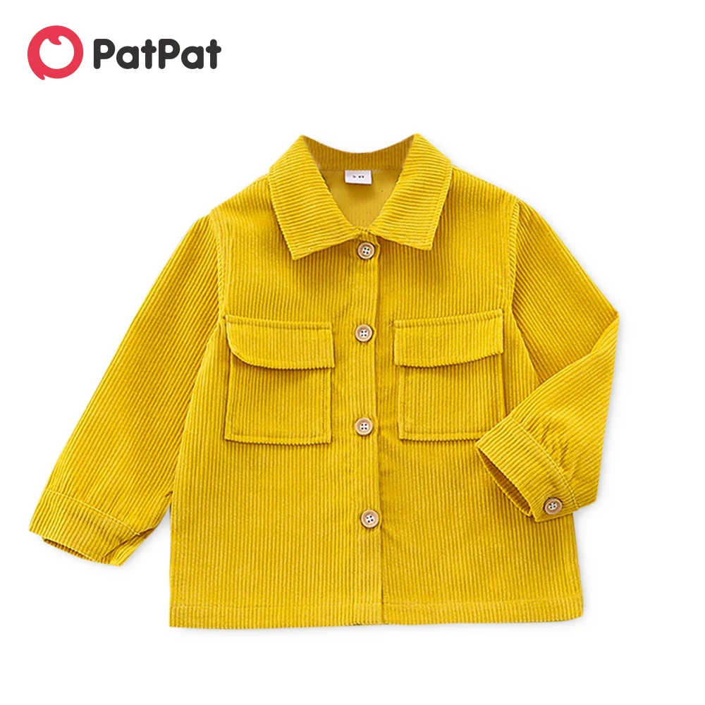 

Однотонное вельветовое пальто PatPat с отложным воротником и пуговицами для маленьких девочек и мальчиков, куртка