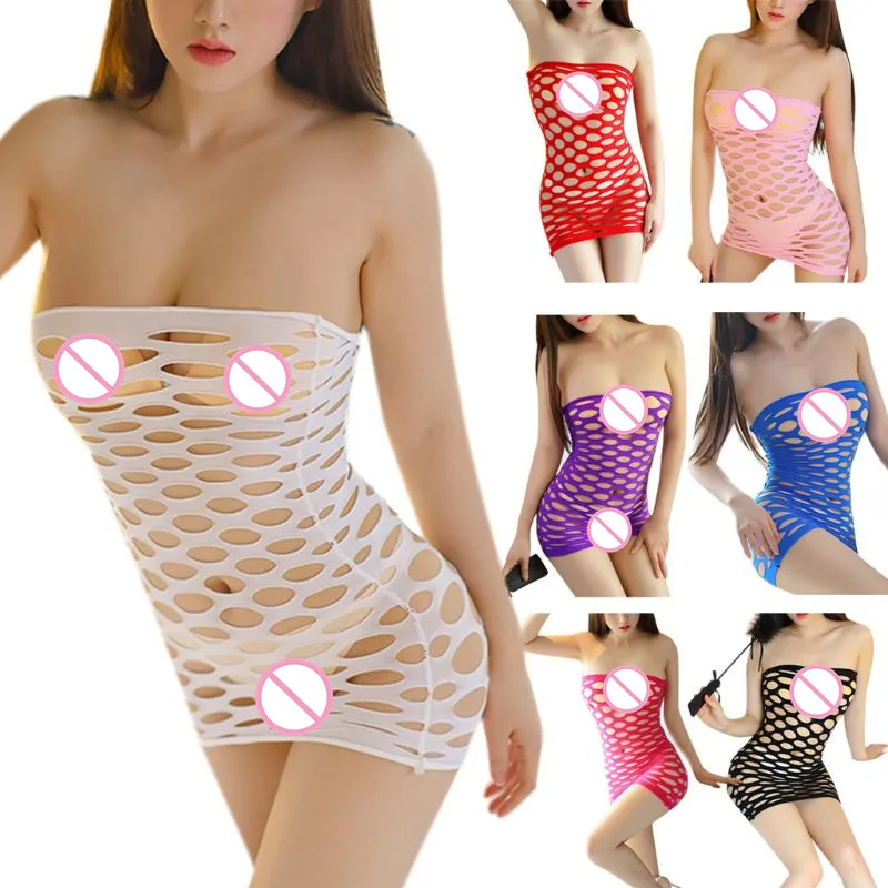 

Womens Erotic Large Hollow Out Fishnet Mesh Mini Lingerie Dress Off Shoulder Strapless Nightgown Solid Sheer Sleepwear 8 Colors
