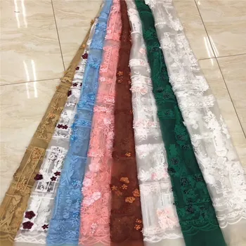 

Sky blue (5yards/pc) white 2020 newest African 3D Flower lace fabric in deep green with gold beads embroidery for party dress