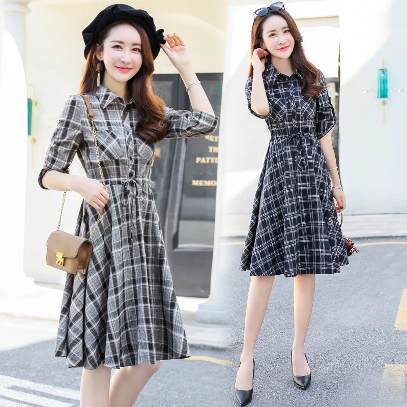 

Fashion Fold-down Collar Plaid Trend Big Hemline-Shape Elegant 2019 Autumn And Winter Dress Korean-style