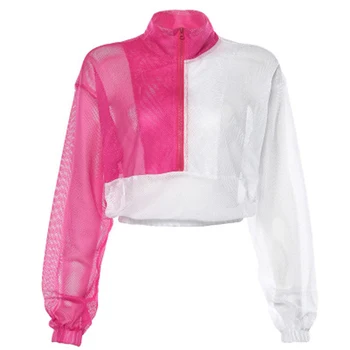 

New Arrival 2019 Autumn Short Women Blouse Mesh See-Through Slash Neck Hollow Long Sleeve Club Street Jacket
