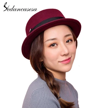 

Sedancasesa Wool Cap Autumn Winter Pork Pie Hat Hats for Women Vintage Style Warm Ladies Hat Flat Fedoras Hats FW313001