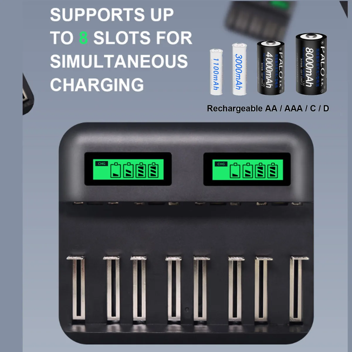 8 слотов ЖК-дисплей USB смарт-зарядное устройство для AA AAA SC C D размер перезаряжаемая батарея 1,2 в Ni-MH Ni-CD быстрое зарядное устройство