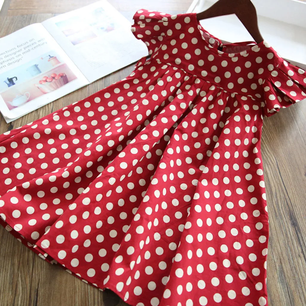 

little girl dresses 2019 summer casual Children's Flying Sleeve Bow Polka Dot Dot Print Dress Dress Red princess dress girl