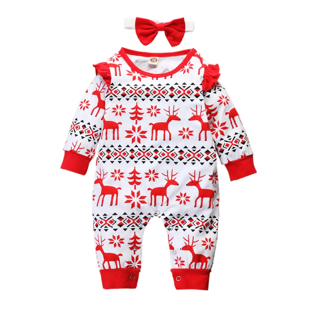 Рождественский комбинезон для новорожденных, модный милый комбинезон с рисунком оленя для мальчиков и девочек, Детский комбинезон с принтом+ наборы повязок на голову