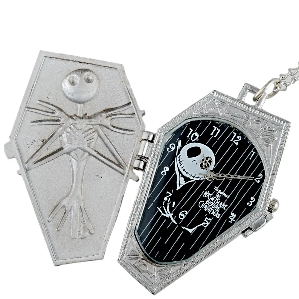 Silver Tim Burton The Nightmare Before Christmas Quartz Pocket Watch Jack Skellington Chain Pendants Clock Women Men