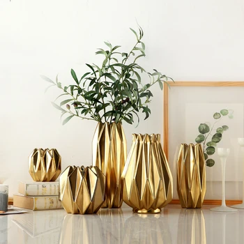 

Modern Minimalist Plating Gold Nordic Style Ornaments Flower Shop Wedding Geometry Ceramic Decorative Home Vase Creative Product