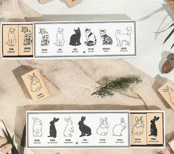 

6 Designs MixeD Lovely Cats Rabbits Collection Wooden Stamps Cute DIY Stickers Journal Diary Decoration Supplies