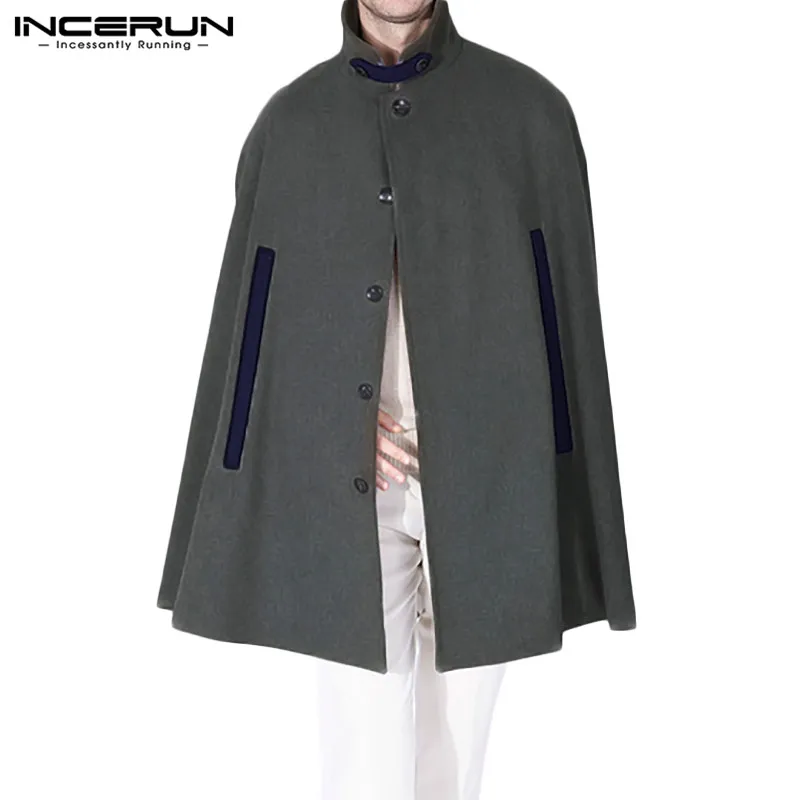 INCERUN-abrigos de retales para hombre, Poncho de ocio de un solo manto cruzado, de invierno, con bolsillos sólidos, gabardina, ropa de calle de talla grande