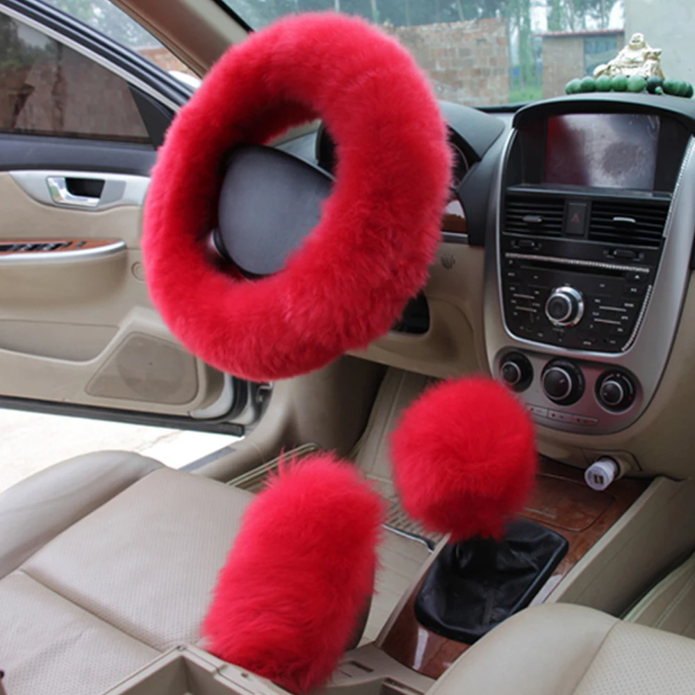 

H2CNC 15" Red Steering Wheel Cover HandBrake Change Lever Cover Fuzzy Plush