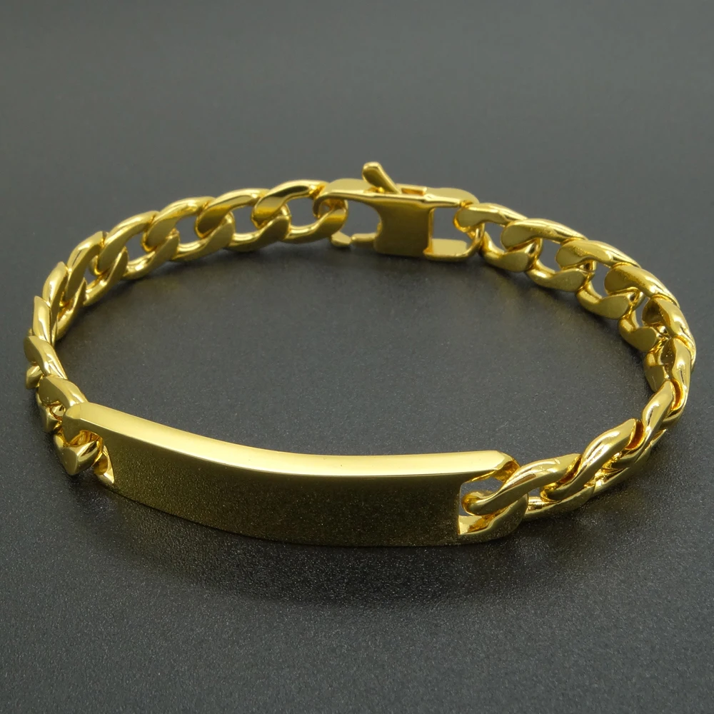 18K Gold Farbe Armbänder 8 Zoll 100% Edelstahl Armband 9 mm Breite ID Bar Curb Kubanischen Kette für musculine Männer Frauen
