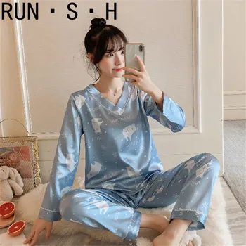

Women's Pajamas Spring The V-neck Simulation Silk Pajamas Young Girl Lovely Printing Long Sleeve Silk Nightclothes Outfit Lonxu