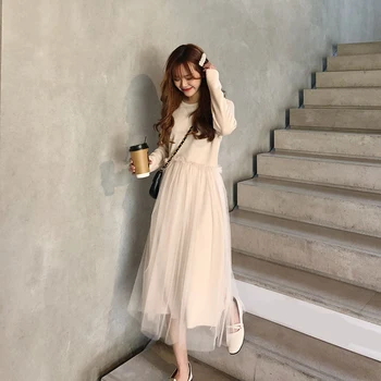 

Autumn Solid Women Kawaii Dress Mid-Calf O-Neck Long Sleeve Party Dress A-Line Patchwork Casual Korean Vestidos Cute Clothing