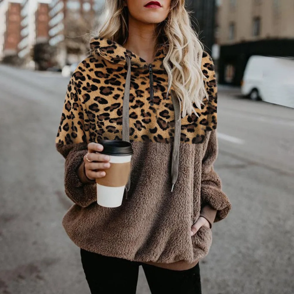  Wontive Autumn Winter Fluffy Oversized Hoodie Leopard Fleece Casual Plus Size Sweatshirt Women Pull