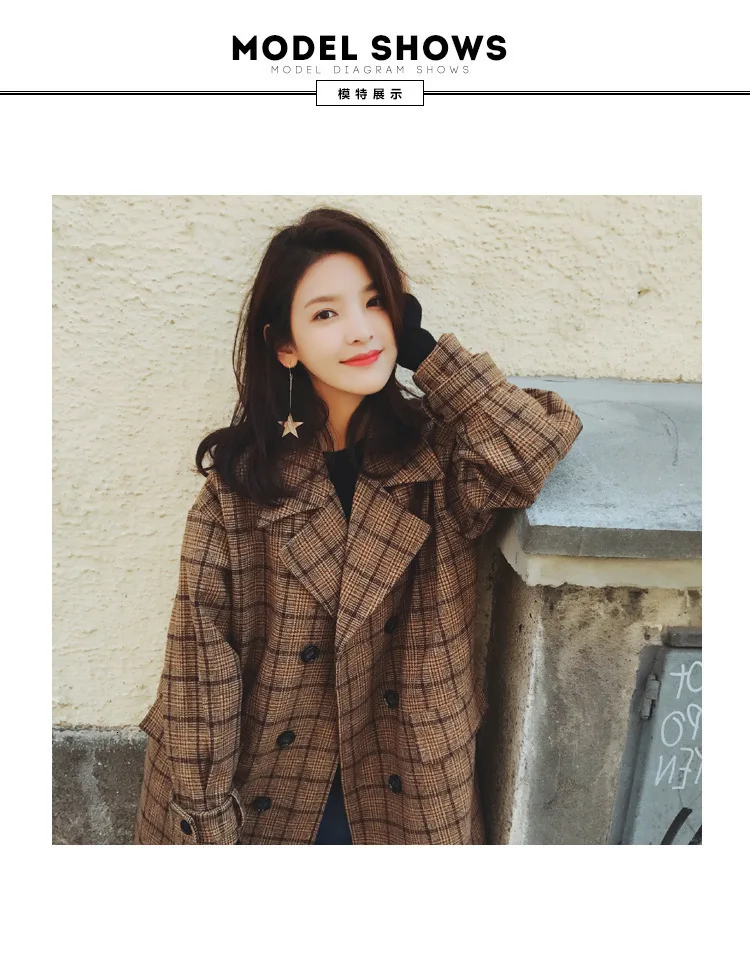 Vintage Plaids Clothes Loose Woollen Coat Women's New Checked Coat Baggy Silhouette Overcoat Tweeds Winter female Outerwear