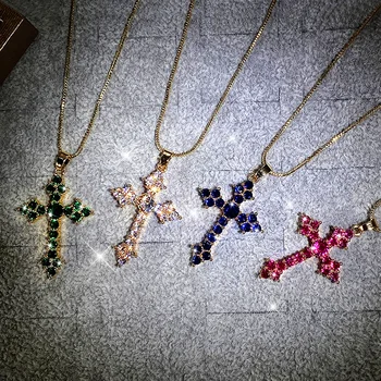 White/Rose Red/Green Blue Cross Necklace for Women Shiny Stylish