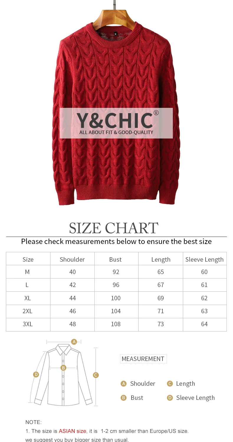 Y&CHIC осень-зима Для мужчин толстый кабель-вязанные хлопок пуловер с круглым вырезом; свитер