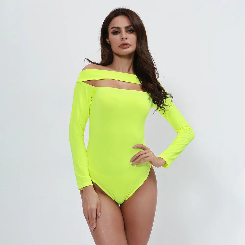 

INS Explosives Solid Color Fluorescent Green One-shoulder Strap Long-sleeved Slim Fitsuit Women Fashion Nova Woman Romper 50cs
