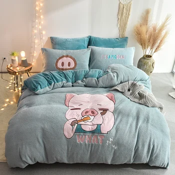 

New Cartoon Pig Alpaca Elephant Embroidery Velvet Child Bedding set Berber Fleece Duvet Cover Bed Linen Fitted Sheet Pillowcases