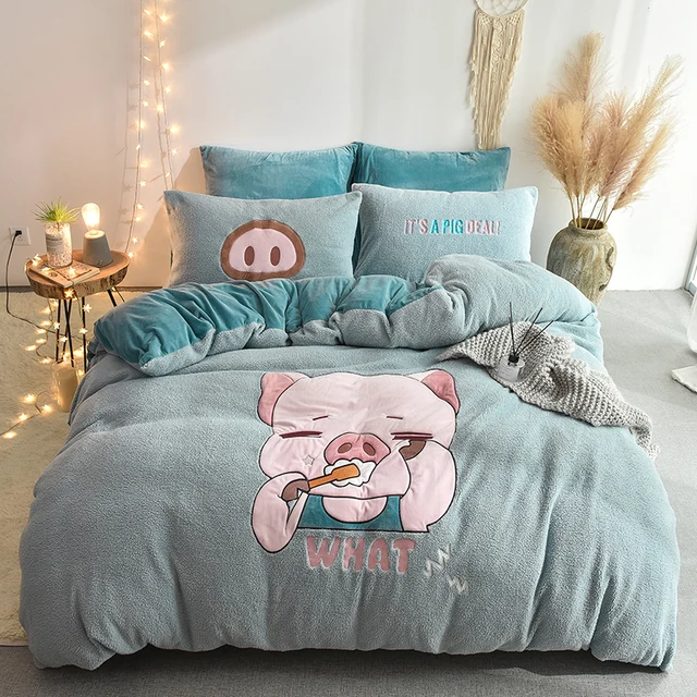 $US $84.77  New Cartoon Pig Alpaca Elephant Embroidery Velvet Child Bedding set Berber Fleece Duvet Cover Bed L