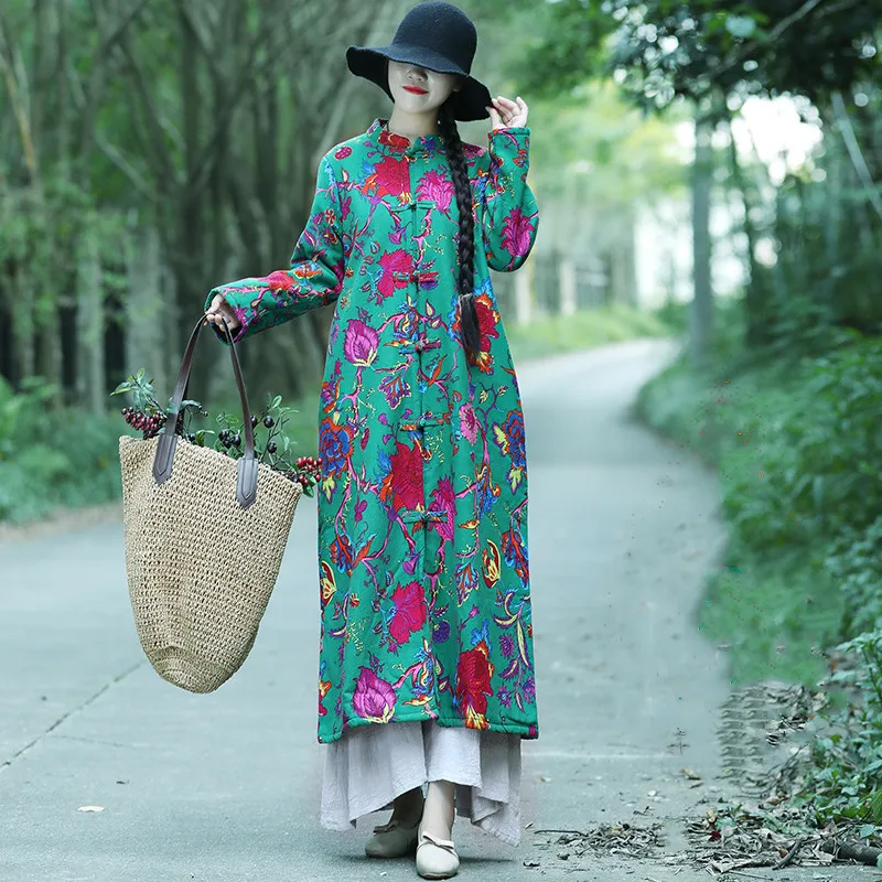 

2019 Winter New Style Ethnic-Style Frog Long Brushed And Thick Cotton Overcoat Stand Collar Chinese-style Cotton-padded Jacket