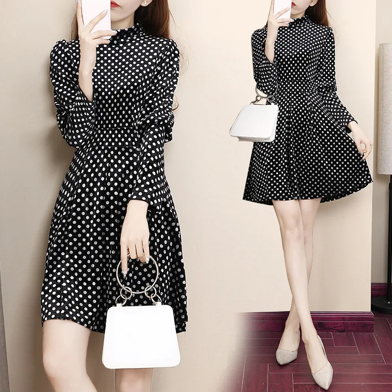 

2019 Spring New Style WOMEN'S Dress Slim Fit High-waisted Polka Dot Gold Velvet Printed Long-sleeved Dress