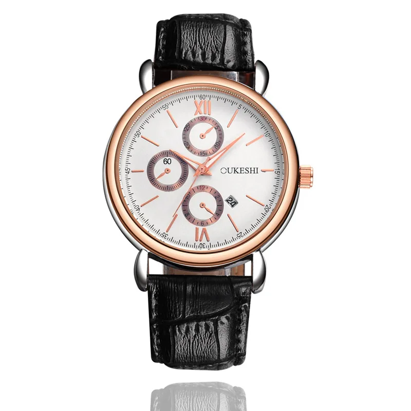 

Top Grade Men Business Watch Fashion New Style Blueray Glass Waterproof Calendar Three-Eyed Genuine Leather Belt Quartz Watch