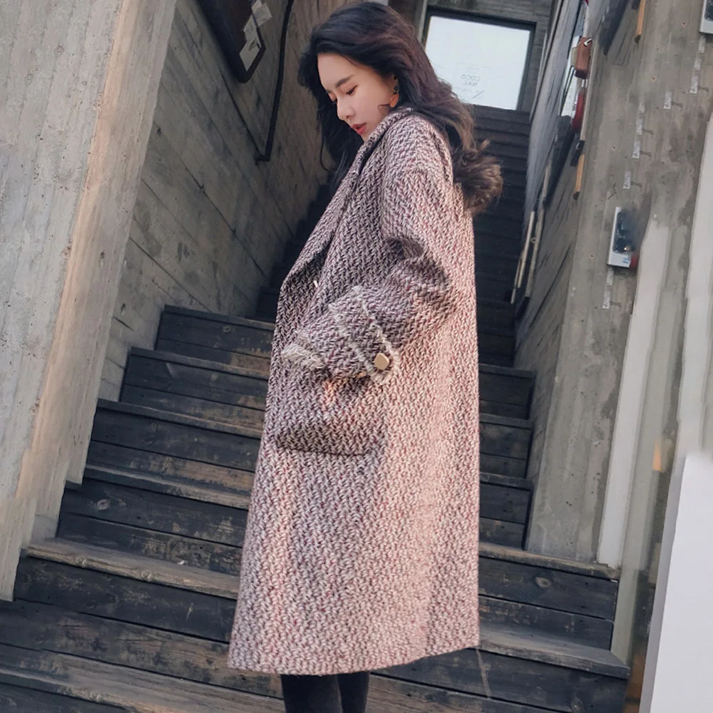 Winter Autumn Elegant Women Korean Office Lady Long Plaid Coat Loose Oversized Warm Wool Blends Overcoat Casual OL Trench Coat