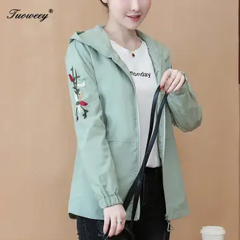 

New Fashion Autumn Hooded Womens Windbreak Jacket Big Size Loose Top Basic Coat embroidery loose Outwear Coats