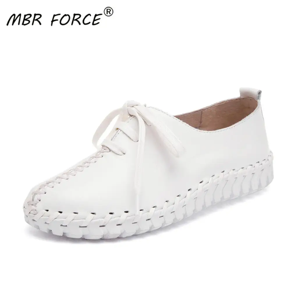 

MBR FORCE Spring Autumn Genuine Leather woman mother lace up single shoes retro handmade Flats comfortable pregnant women black