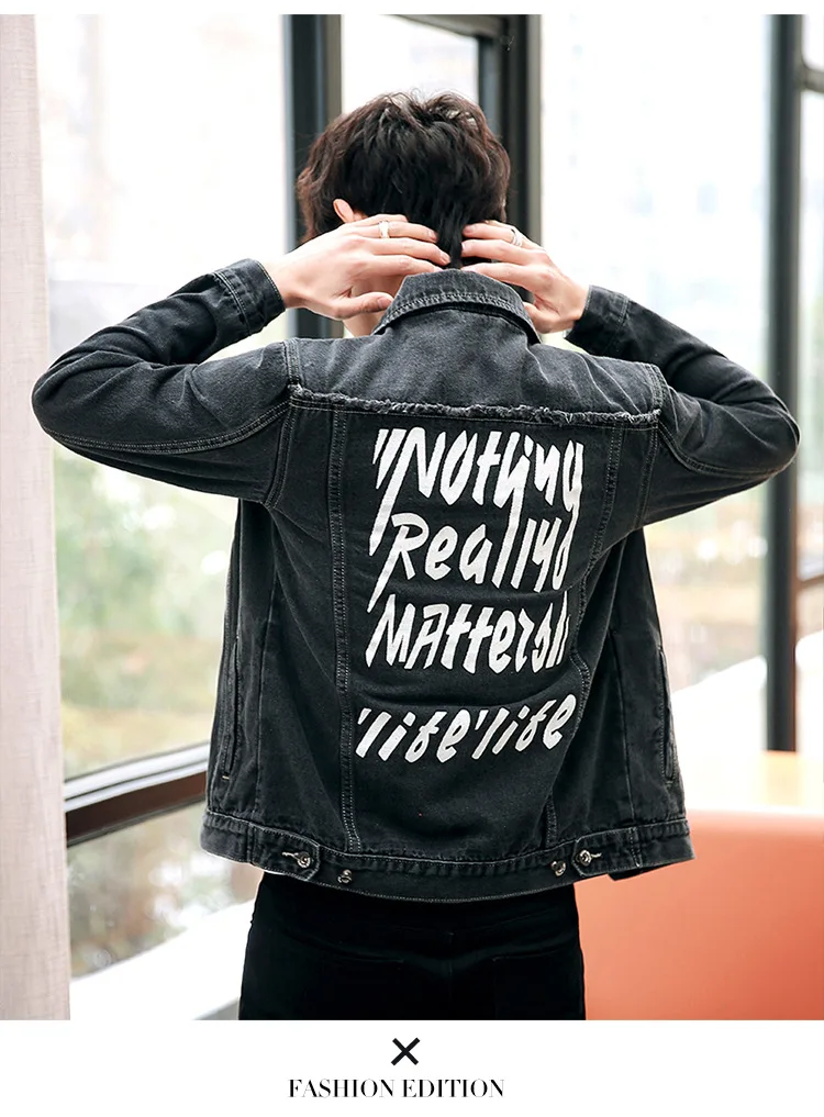 MEN'S Denim Coat Korean-style Trend Slim Fit Back Printed Youth Denim Jacket Men's Foreign Trade Large Size Men'S Wear