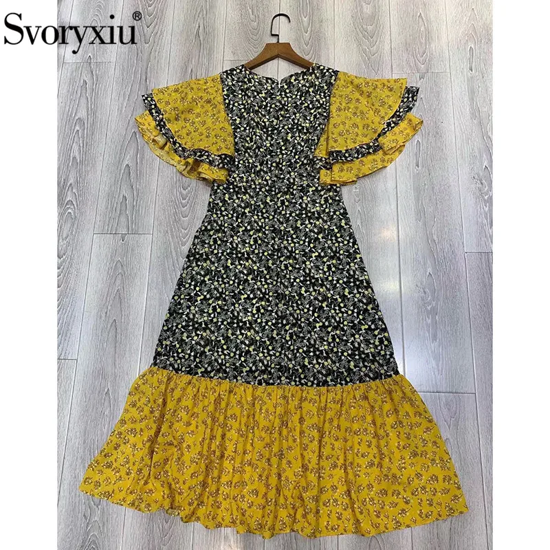 Svoryxiu, дизайнерское летнее платье с цветочным принтом, женская мода, короткий рукав, v-образный вырез, элегантные вечерние платья-русалка, миди, Vestdios