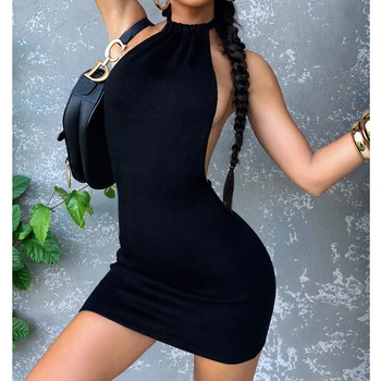 Abito aderente nero da donna Mini abiti sexy skinny scollati senza schienale con scollo all'americana Abito estivo senza maniche con taglio da spiaggia 1