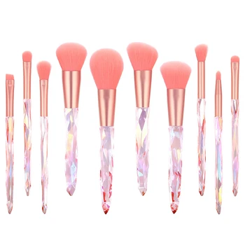 

10pcs Powder Foundation Blush Crystal Handle Salon Eye Shadow Cosmetic Tools Makeup Brush Set Concealer Handheld Rainbow Color