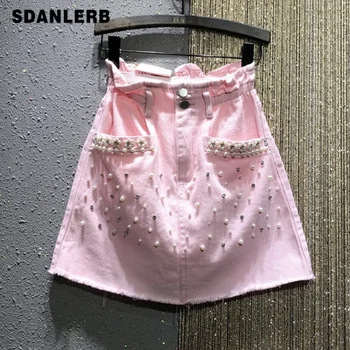 

Pink Denim Skirt for Women 2020 Summer New Elastic High Waist Pearl Beaded Leisure Purple Jeans Skirts Girls Ladies Mini Skirt