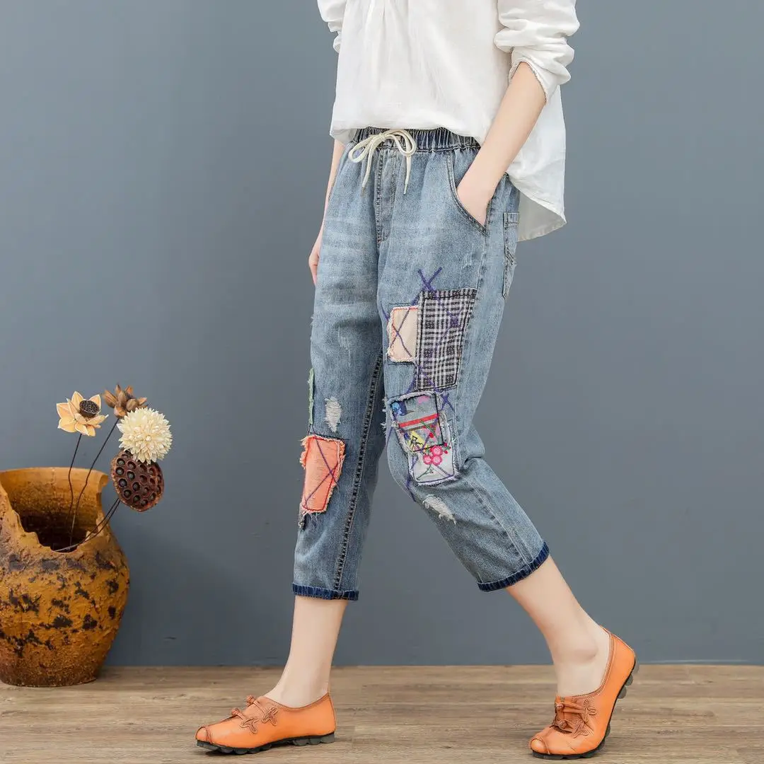 Весенние джинсы, женские, художественные, Ретро стиль, с вышивкой, эластичная резинка на талии, с потертостями, с аппликацией, ковбойские штаны-шаровары, Капри